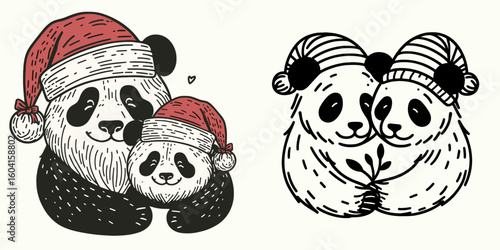 Panda with santa hat Holding each others faces. Retro Cartoon Clipart Line Art Stock Vector Illustration. Bear in xmas cap grasping companion visage.