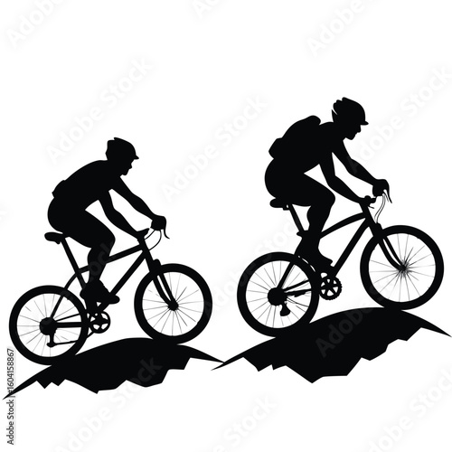 Two mountain bikers ascend a challenging trail.
