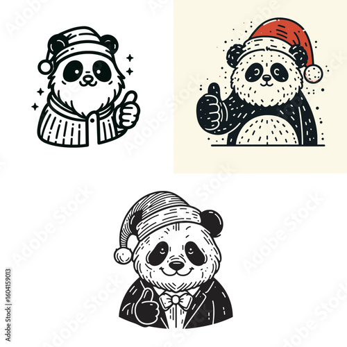 Panda with santa hat making a thumb up gesture. Retro Cartoon Clipart Line Art Stock Vector Illustration. Bear in holiday headwear doing great approval sign.