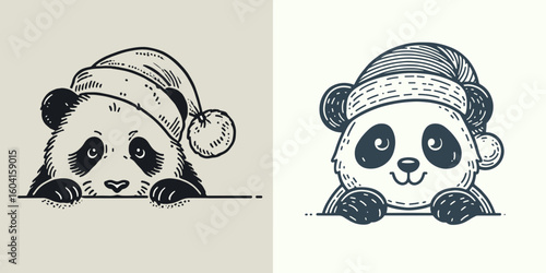 Panda with santa hat peeking pose. Retro Cartoon Clipart Line Art Stock Vector Illustration. Bear cub in xmas headwear looking posture merry holiday animal.