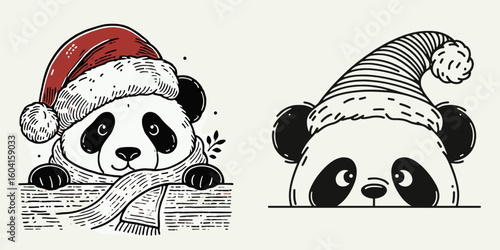 Panda with santa hat peeking. Retro Cartoon Clipart Line Art Stock Vector Illustration. Bear wearing festive headgear is curiously looking from behind something.