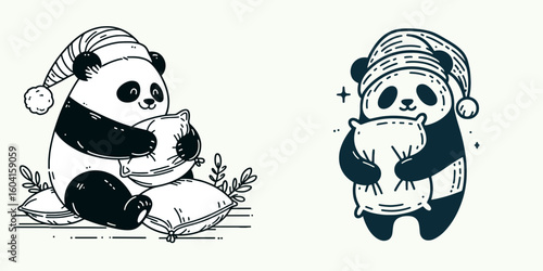 Panda with santa hat Playful Pillow Fight. Retro Cartoon Clipart Line Art Stock Vector Illustration. Bear wearing holiday headwear has a fun cushion battle.