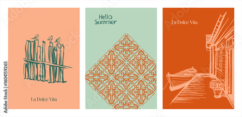 La Dolce Vita. Modern art form - three cards (posters) on the theme of summer, sea, vacation, travel in a bright color scheme in the style of urban sketching. Editable illustrations with text and orna