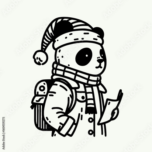 Panda with santa hat Urban Exploration. Retro Cartoon Clipart Line Art Stock Vector Illustration. Bear in holiday headwear city trek finding abandoned place.