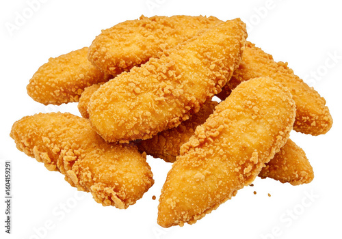Crispy golden brown breaded chicken tenders piled together isolated on transparent background