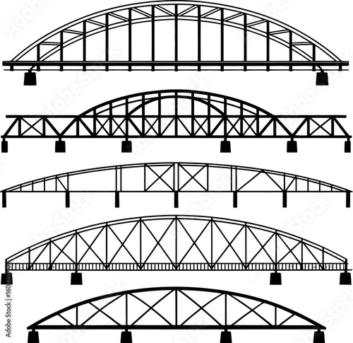 Five black line art truss bridges on white background architecture engineering