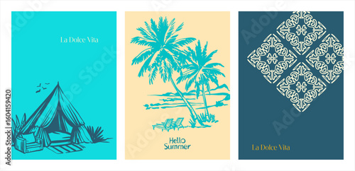 La Dolce Vita. Modern art form - three cards (posters) on the theme of summer, sea, vacation, travel in a bright color scheme in the style of urban sketching. Editable illustrations with text and orna