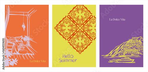 La Dolce Vita. Modern art form - three cards (posters) on the theme of summer, sea, vacation, travel in a bright color scheme in the style of urban sketching. Editable illustrations with text and orna