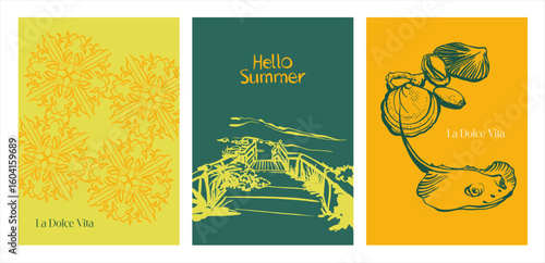 La Dolce Vita. Modern art form - three cards (posters) on the theme of summer, sea, vacation, travel in a bright color scheme in the style of urban sketching. Editable illustrations with text and orna