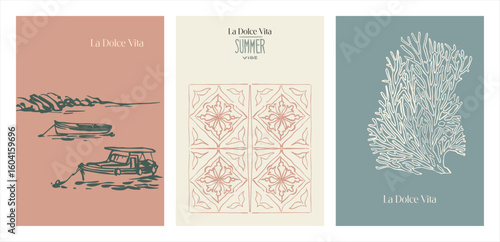 La Dolce Vita. Modern art form - three cards (posters) on the theme of summer, sea, vacation, travel in a bright color scheme in the style of urban sketching. Editable illustrations with text and orna