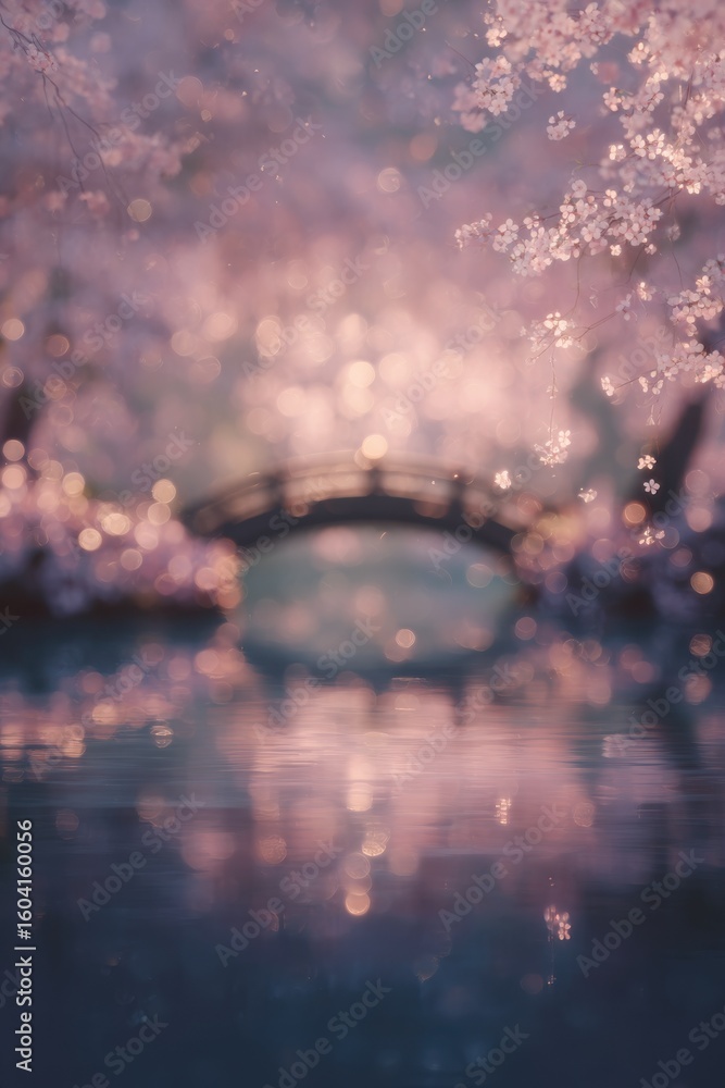 Fototapeta premium Falling Cherry Blossoms with Traditional Bridge over Calm Pond