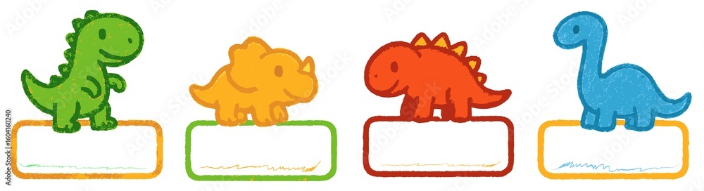 Fototapeta premium Dinosaur character name tag frame for classroom, kids dino theme name label, printable student badge template for school, prehistoric animal 