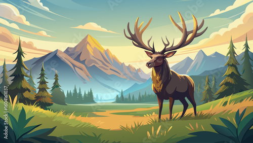 A Megaloceros with massive antlers grazes calmly in a foggy open field with distant mountains and early morning mist