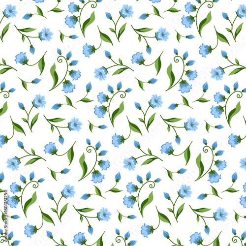 Blue flowers in a pattern.Vector seamless pattern with blue bell flowers on a white background.