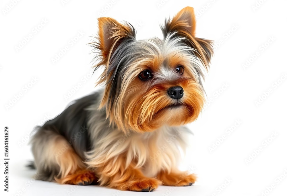 A fluffy Yorkshire Terrier sits alertly against a pure white backdrop, pet portrait, isolated A fluffy Yorkshire Terrier sits alertly against a pure white backdrop, pet portrait, isolated