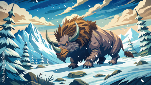 A woolly rhinoceros charges across a snowy plain with snow flurries kicking up behind its heavy frame, mountains looming far behind