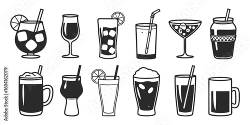 Set of Hand Drawn Drink Illustrations in Black and White on Transparent Background