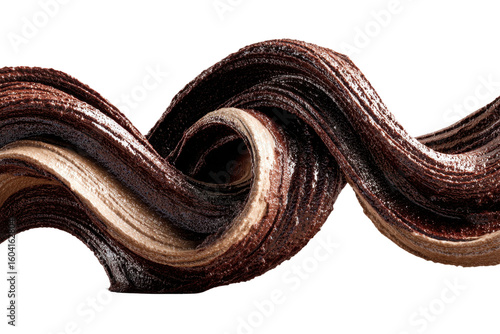 Swirling ribbons of chocolate and cream paint against a transparent backdrop artistry