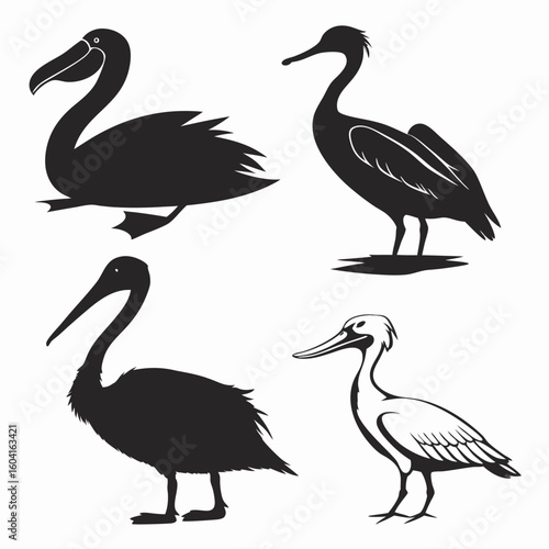 Silhouette icon bundle of aquatic birds including a duck isolated on white background