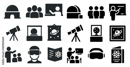 Astronomy and science solid icons set – filled, silhouette, space exploration elements