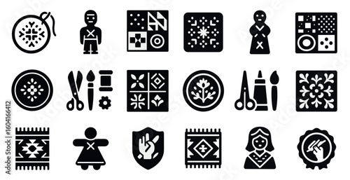 Folk art solid icons set – crafting, traditional, cultural design symbols