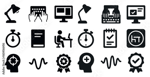 Education and office solid icons set – filled, silhouette, learning and workflow symbols
