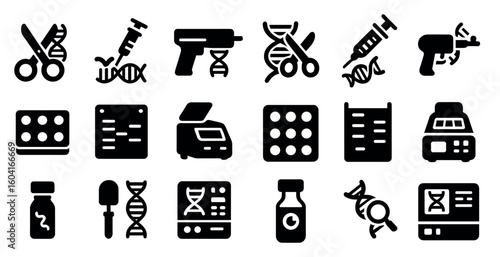 Dna research solid icons set – filled, lab, molecular biology symbols