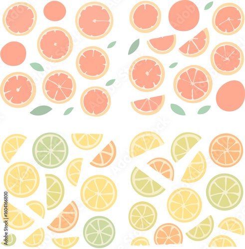 Set of four citrus fruit patterns with slices and leaves.