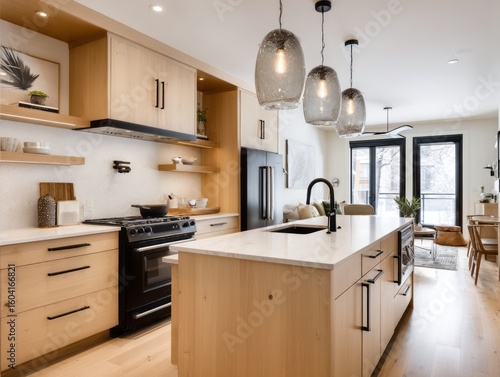 Modern kitchen island with light wood cabinetry and white countertops.