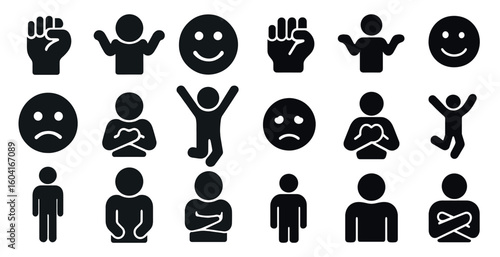 Emoji and expression solid icons set – flat, filled, emotive and reaction symbols