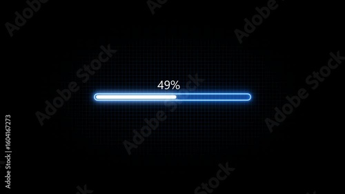 Glowing neon Status bar, process indicator from 0 to 100 increasing percentage, progress bar animation.Uploading,Download bar,update animation. grid background 4K stock video