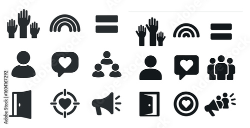 Social interaction solid icons set – communication, filled, connection symbols