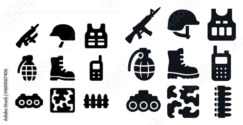 Military and defense solid icons set – tactical, protection, army equipment visuals