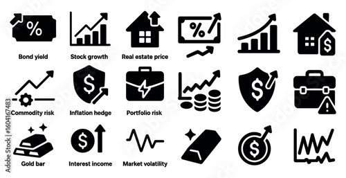 Finance and investment solid icons set – filled, economic, portfolio symbols