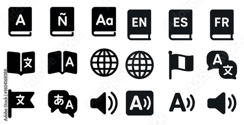 Language learning solid icons set – filled, translation and education symbols