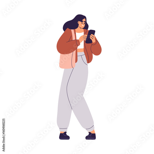 Woman standing with mobile phone, awkward pose. Young female holding smartphone, searching WC, discomfort in urgent need of toilet, pee problem. Flat vector illustration isolated on white background
