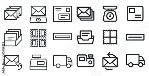 Mail and correspondence outline icons set – linear, postal, communication graphics