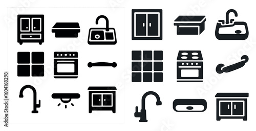 Kitchen and home solid icons set – filled, appliance and interior design symbols