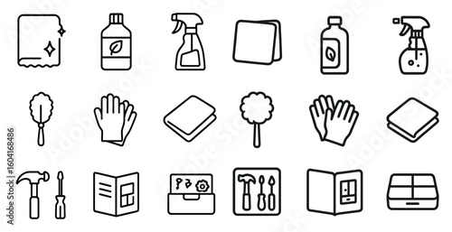 Cleaning tools outline icons set – line, silhouette, housekeeping and maintenance graphics