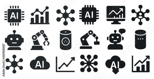 Artificial intelligence solid icons set – tech, ai, innovation symbols