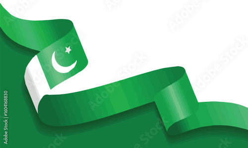 Pakistan Flag Ribbon Design Wavy Banner with Crescent and Star