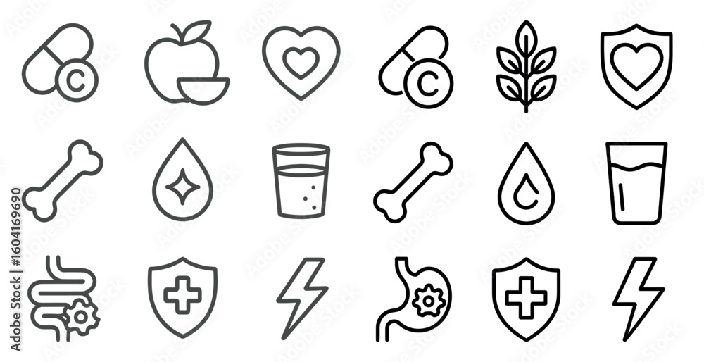 Fototapeta premium Health and nutrition outline icons set – linear, diet, wellness and fitness symbols