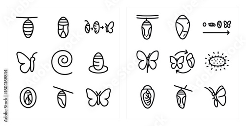 Butterfly lifecycle line icons set – outline, caterpillar, metamorphosis graphics
