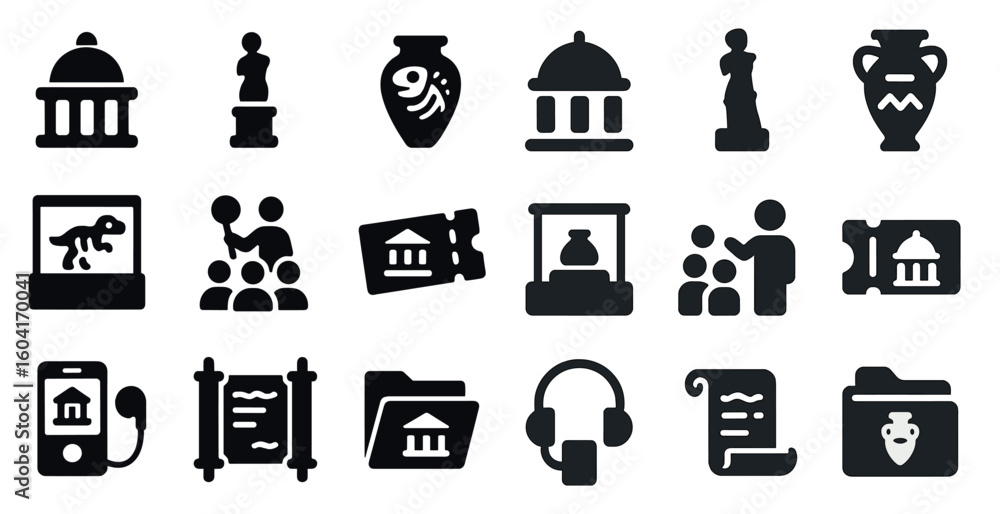 Museum and history filled icons set – solid, artifacts, culture symbols Museum and history filled icons set – solid, artifacts, culture symbols