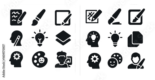 Creativity and art filled icons set – solid, design, idea generation symbols