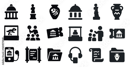 Museum and history filled icons set – solid, artifacts, culture symbols