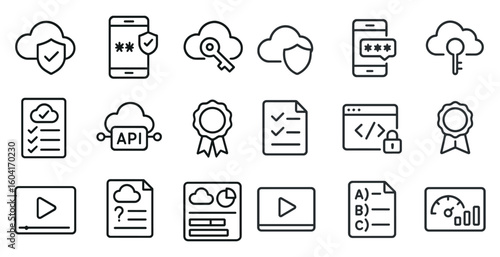 Security and cloud outline icons set – linear, network, protection symbols