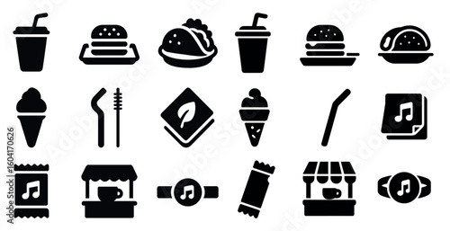 Food and beverage solid icons set – filled, silhouette, dining and drink symbols