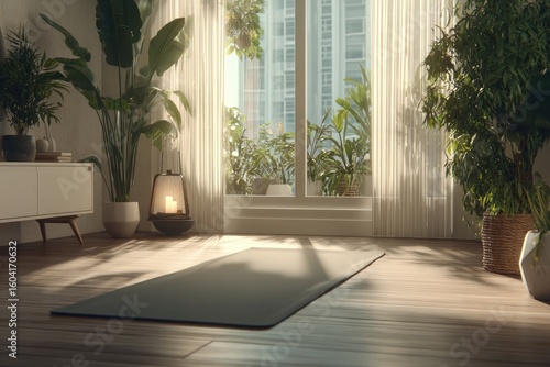 Sunny, plant-filled room with yoga mat (1)