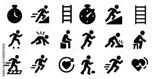 Fitness and exercise silhouette icons set – workout, health, gym symbols